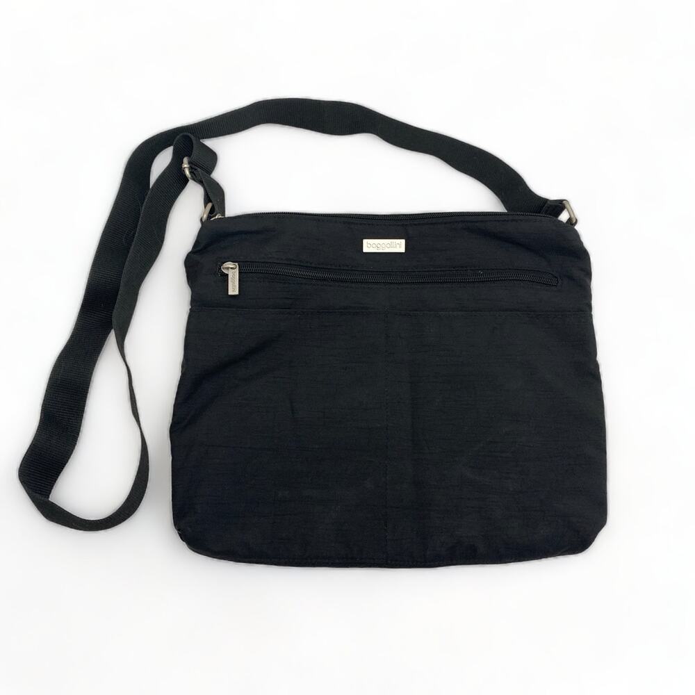 Baggallini Double Zip Crossbody Purse Black Tan Casual Everyday Travel